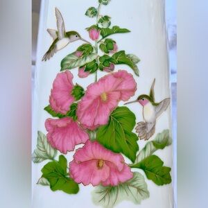Vintage porcelain vase by Otagiri, hummingbirds and hollyhocks outlined in gold.